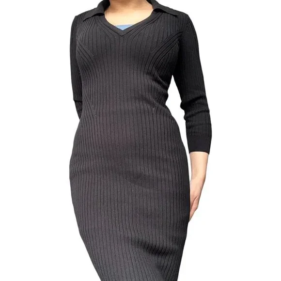 DYNAMITE BLACK RIBBED MAXI DRESS WITH V-NECK, COLLAR & SIDE SLIT | SIZE SMALL - Picture 5 of 15